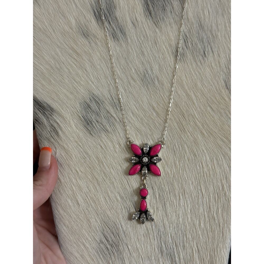 Native American SW Sterling Silver Neon Pink Jasper & CZ Cluster Lariat Necklace - Picture 4 of 11